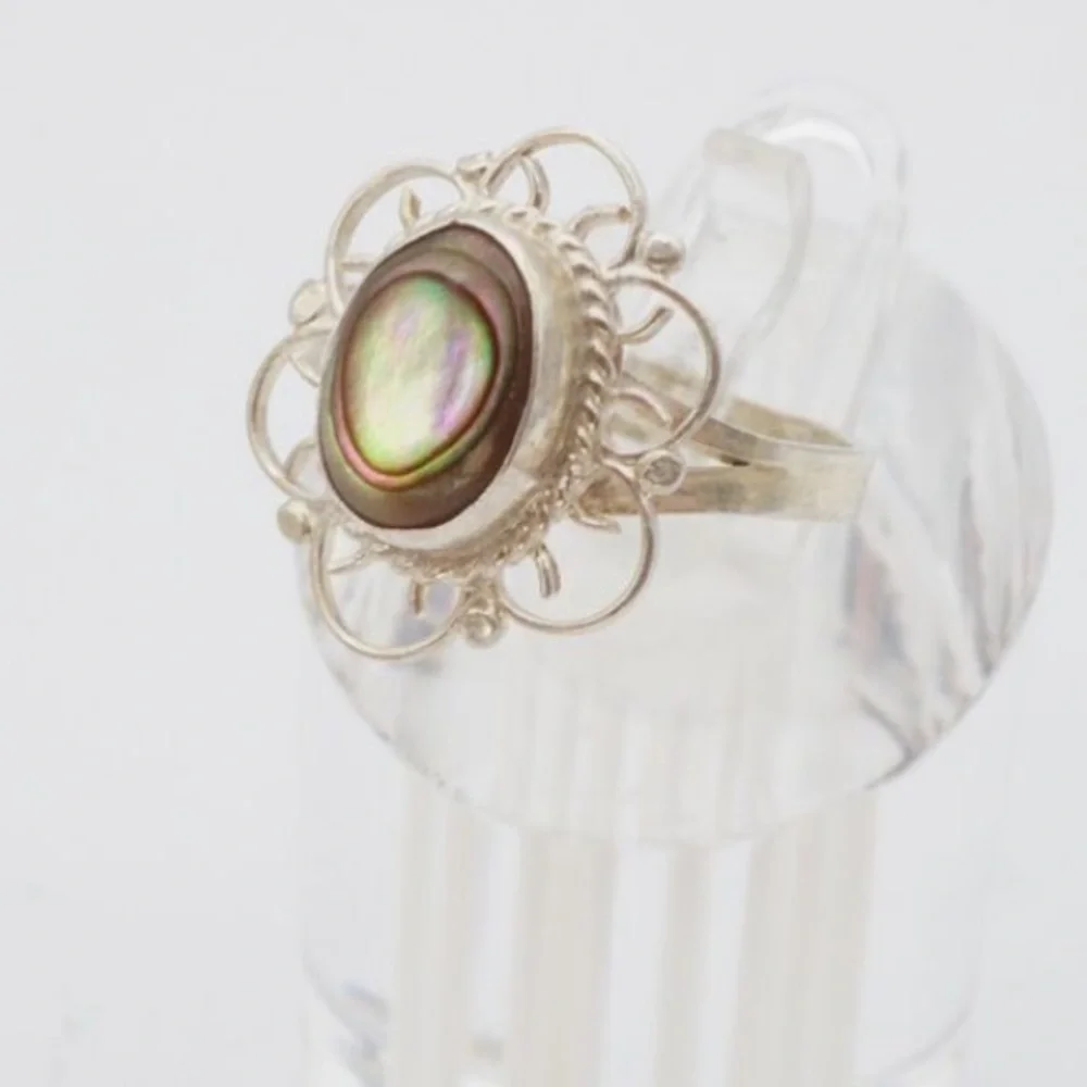 Vintage Mexico Sterling Silver 925 Abalone Stone Shell Filagree Oval Ring